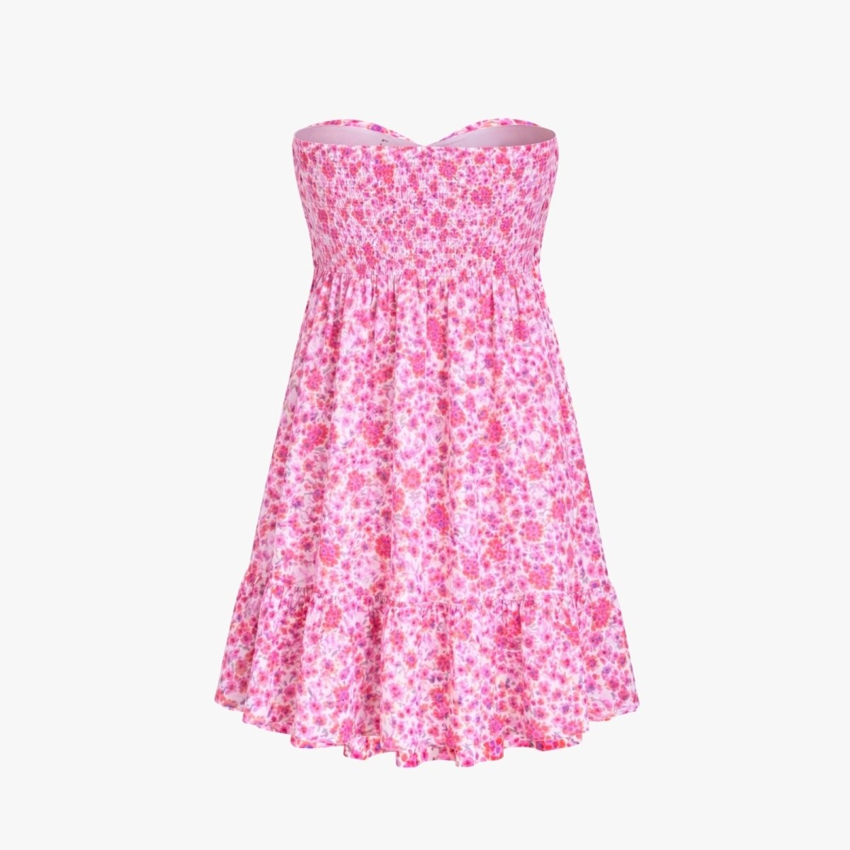 Flatlay image showing the back of the pink floral strapless mini dress with its elasticated smocked panel.