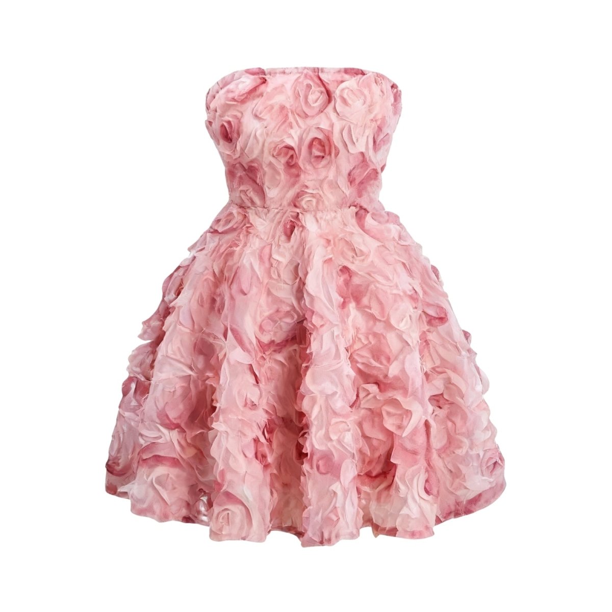 Front product shot of the Kouvr Fashion strapless A-line mini dress with pink 3D organza roses.
