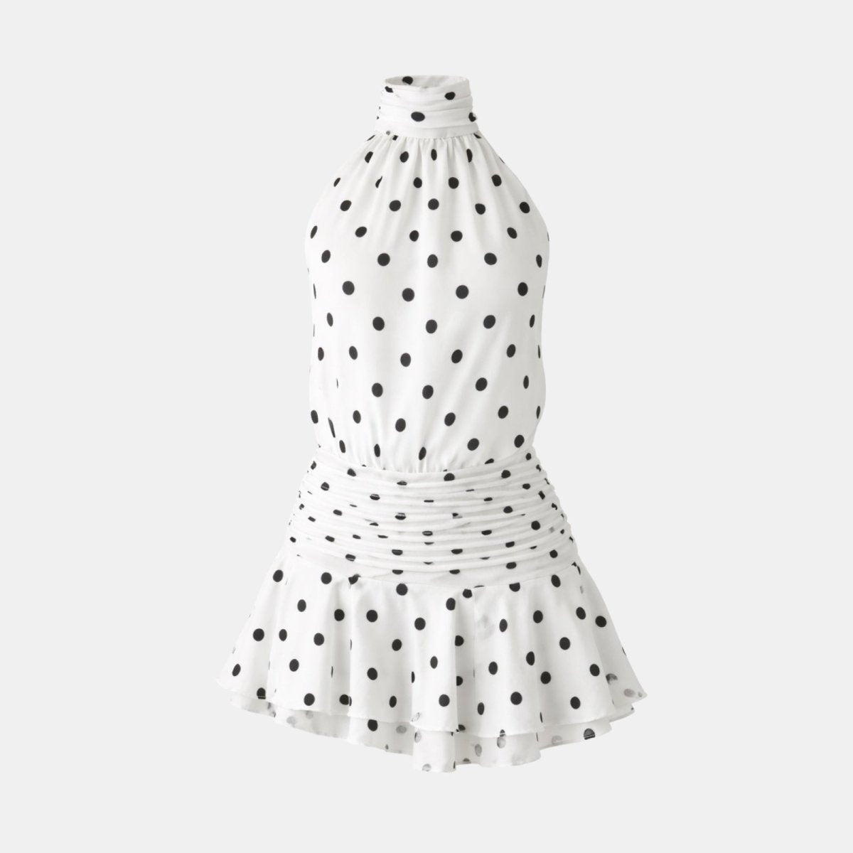 Flat lay front view of the Kouvr Fashion polka dot halter mini dress on a white background, showing the ruched waist and ruffled skirt.
