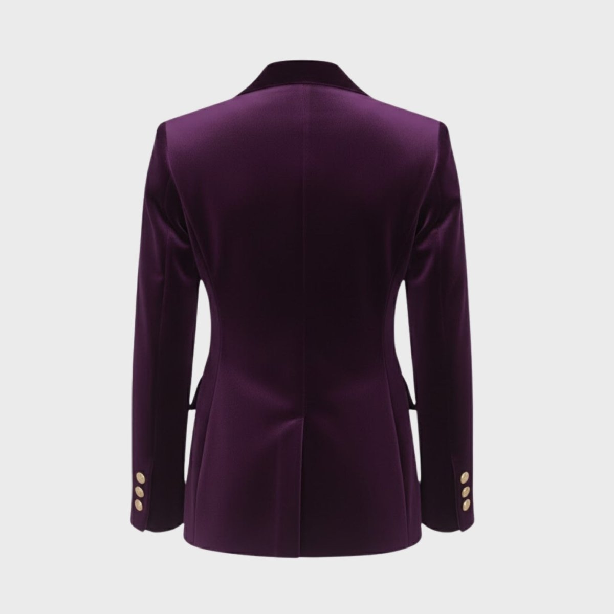 The back of the purple velvet blazer shown on its own, detailing the center seam and tailored fit.