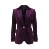 A flat product shot of the single-breasted purple velvet blazer, showing the satin lapel, gold button, and plush texture.