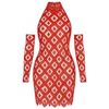 Model wearing the Kouvr Fashion red crystal embellished sheer halter mini dress