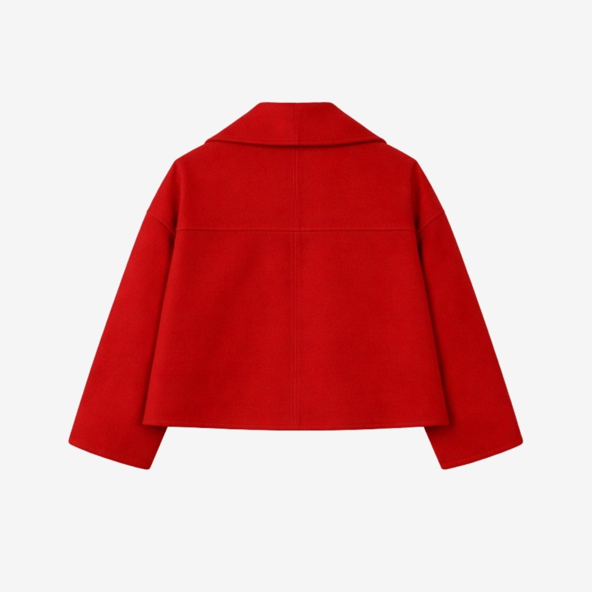 Flat lay product shot of the back of the Kouvr Fashion red cropped wool jacket, detailing the seaming and construction.
