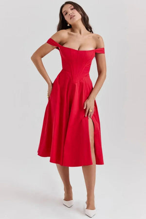 Red Corset Midi Dress Off The Shoulder with Slit | Formal Bardot Cocktail  Wedding Guest Dress