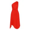 Back view of the Kouvr Fashion red one-shoulder dress showing elasticated waist" or "Side detail of the asymmetrical pleated hem on the Kouvr Fashion cocktail dress
