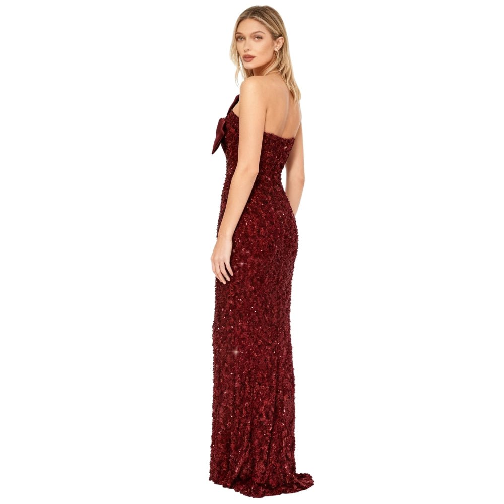 Red Kouvr sequin evening gown on a white background
