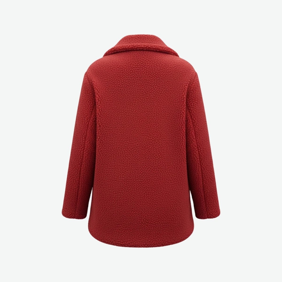 Product-only shot of the back of the Kouvr Fashion red sherpa coat against a white background, displaying its full shape and collar detail.