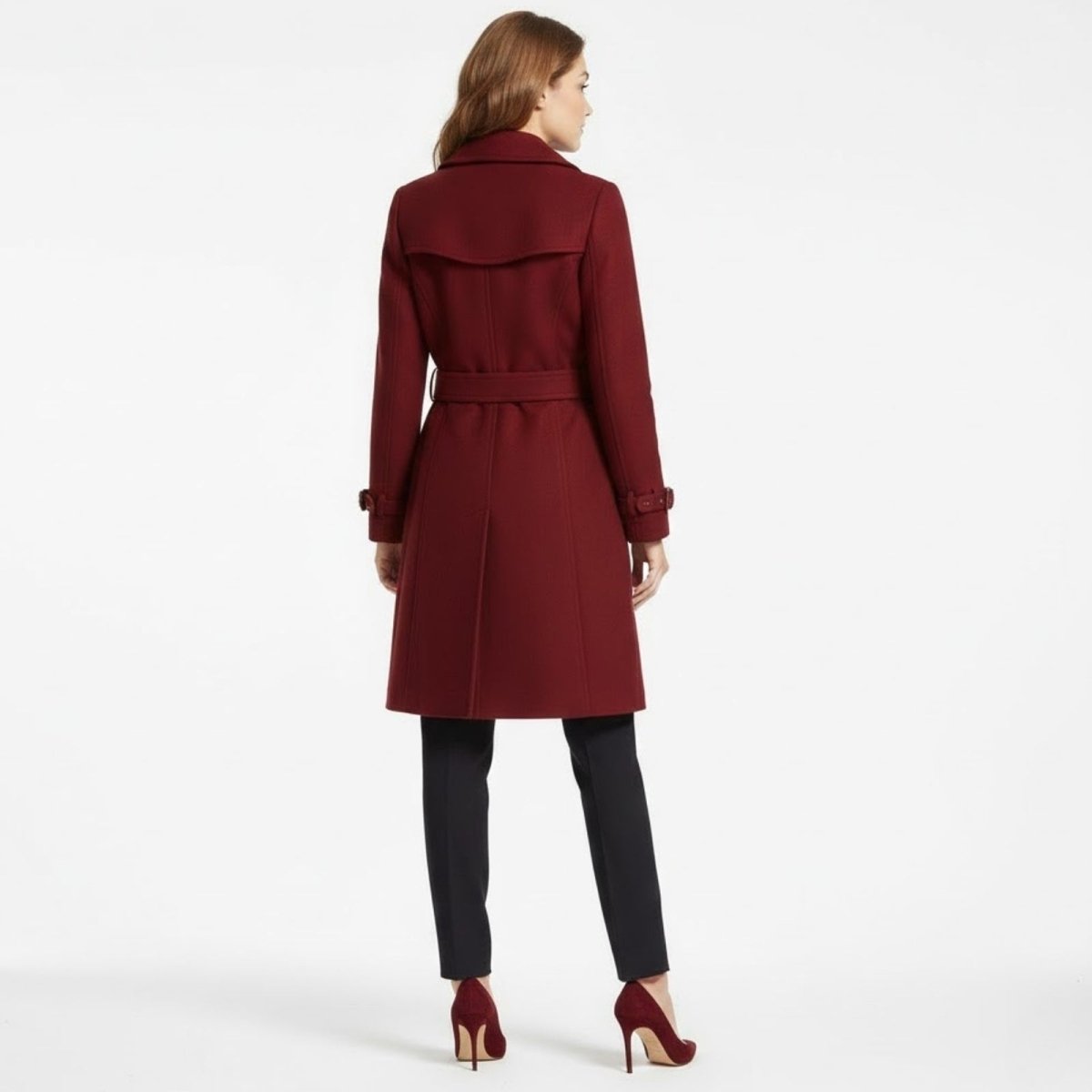 Back view of the Kouvr Fashion women's wool trench coat in red, highlighting the elegant storm flap and tailored fit. 