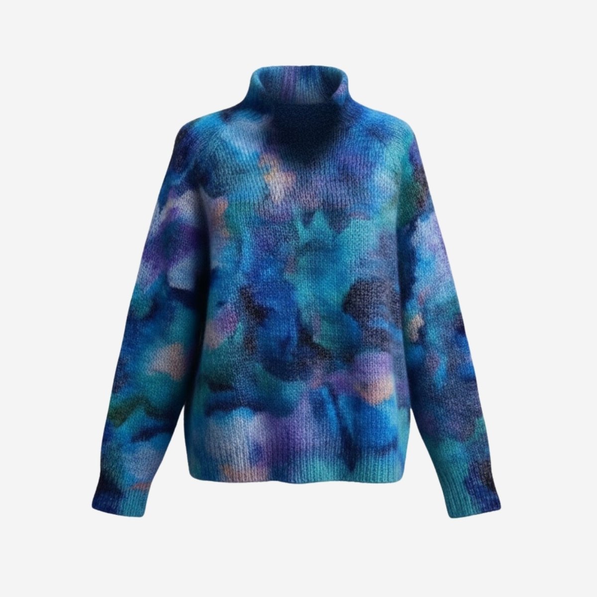 Product-only studio shot of the Kouvr Fashion Regina mohair turtleneck sweater showing the front and abstract color details.