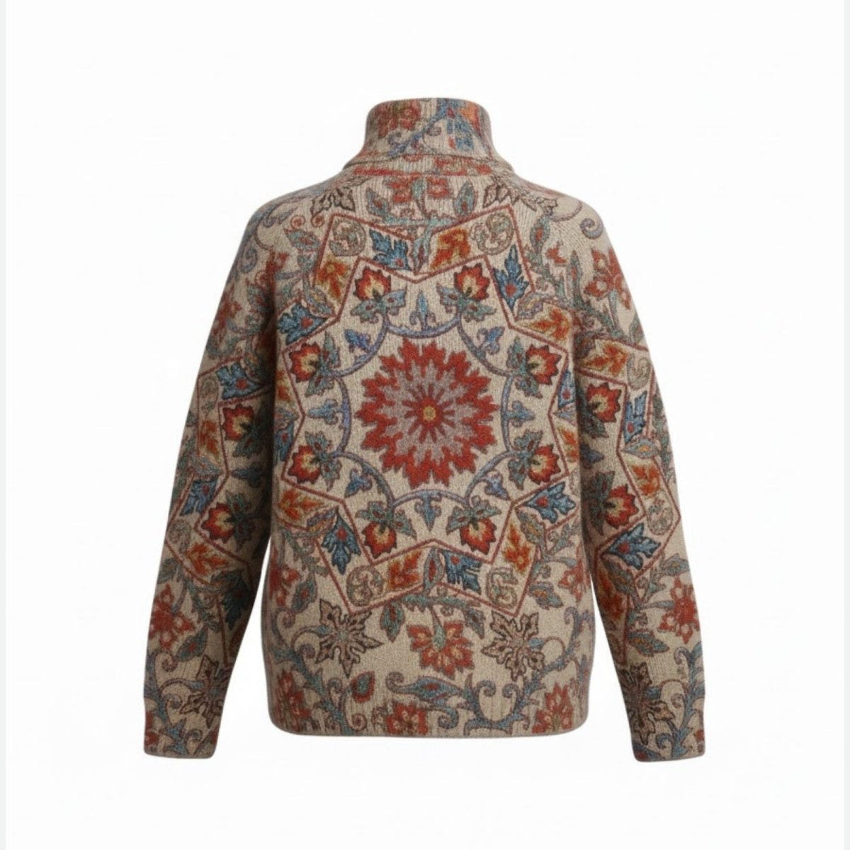 Back view of an artisanal wool and cashmere blend sweater, highlighting the intricate, symmetrical regina pattern woven into the knit fabric.