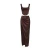Flat lay of the Rona satin set in dark brown, displaying the front of the cowl neck corset top and draped high-slit maxi skirt.
