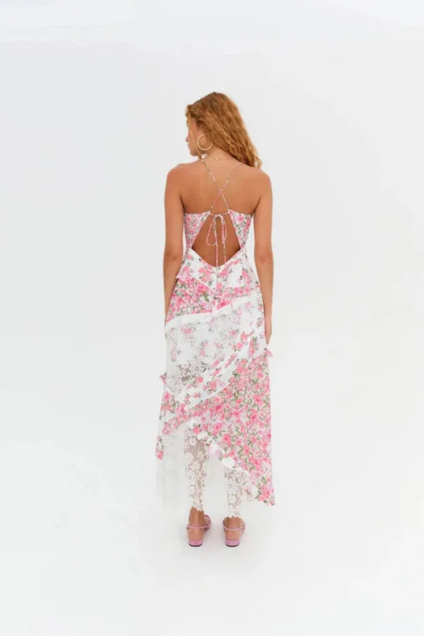 Kouvr Fashion pink floral and white lace asymmetrical midi slip dress with open back.