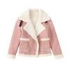 Product shot of the Kouvr Fashion pink esmeralda moto jacket, laid flat to show the plush white sherpa lining and lapels.