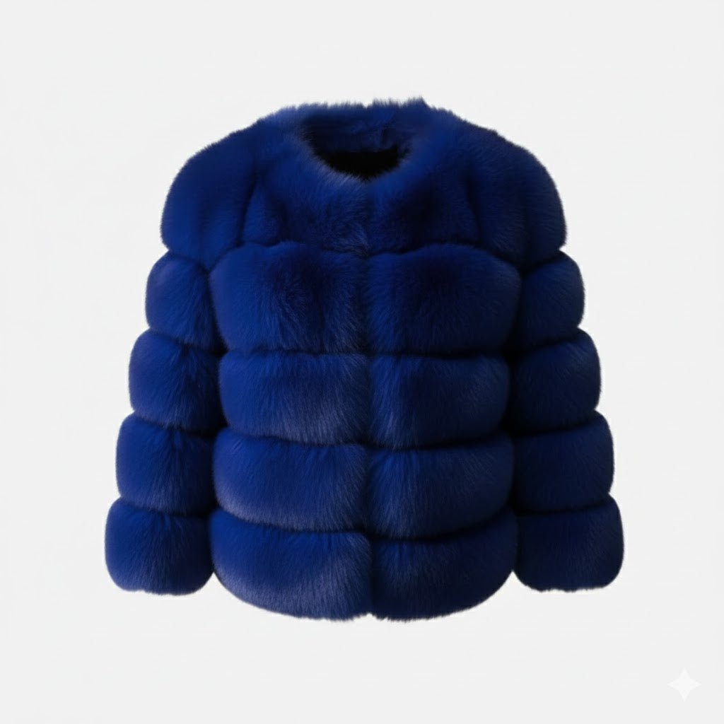 Front view of the Kouvr Fashion collarless royal blue faux fur jacket on a white background.