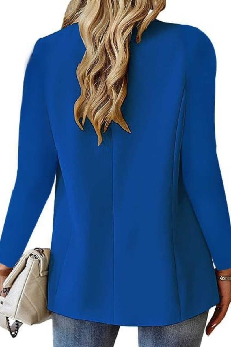Longline blazer, single-breasted jacket, boyfriend fit blazer, office blazer, business casual outerwear, electric blue jacket, blazer with gold buttons, luxury women's suiting.