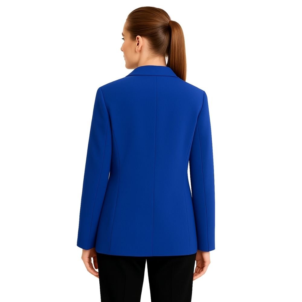 Longline blazer, single-breasted jacket, boyfriend fit blazer, office blazer, business casual outerwear, electric blue jacket, blazer with gold buttons, luxury women's suiting.
