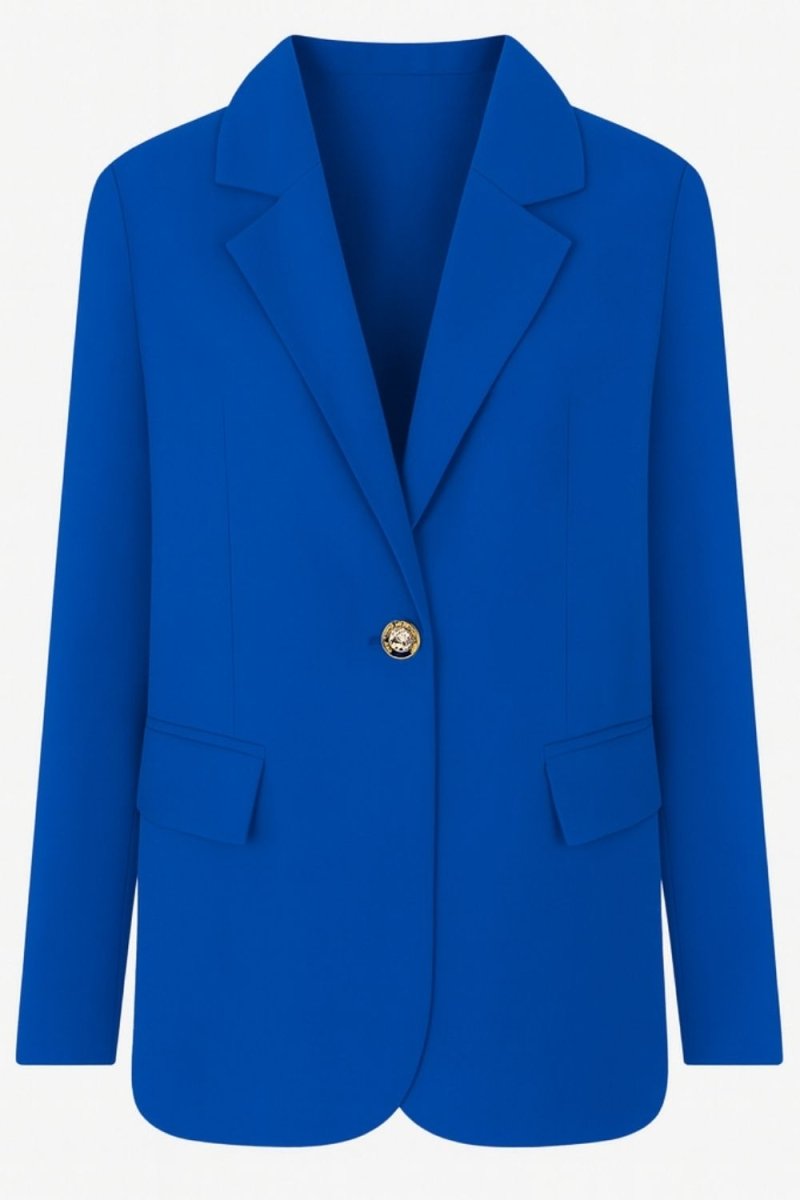 Longline blazer, single-breasted jacket, boyfriend fit blazer, office blazer, business casual outerwear, electric blue jacket, blazer with gold buttons, luxury women's suiting.
