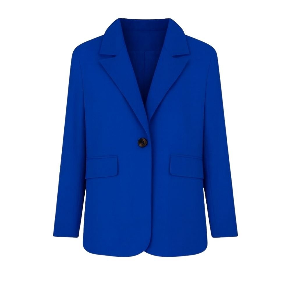 Longline blazer, single-breasted jacket, boyfriend fit blazer, office blazer, business casual outerwear, electric blue jacket, blazer with gold buttons, luxury women's suiting.
