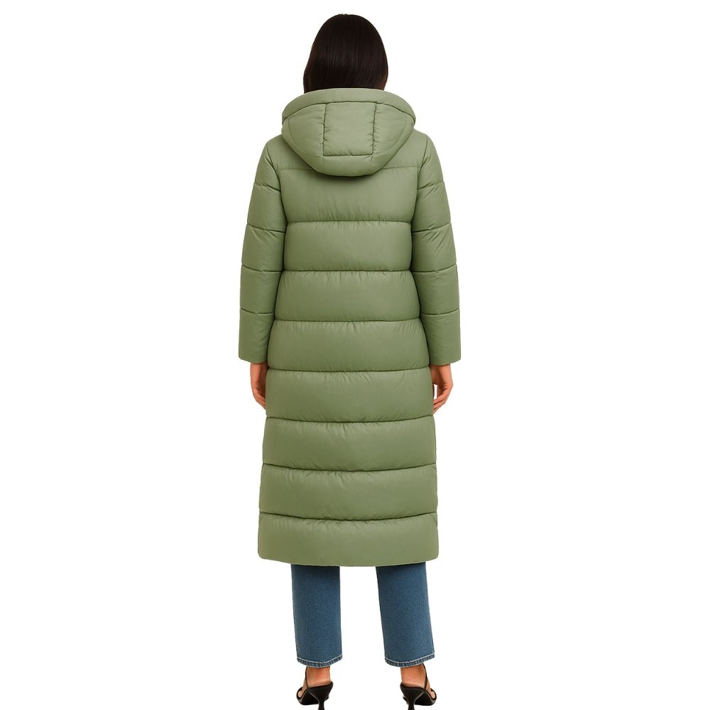 quilted outerwear," "thermal insulation," "cold weather essential," "winter parka," and "elegant down coat