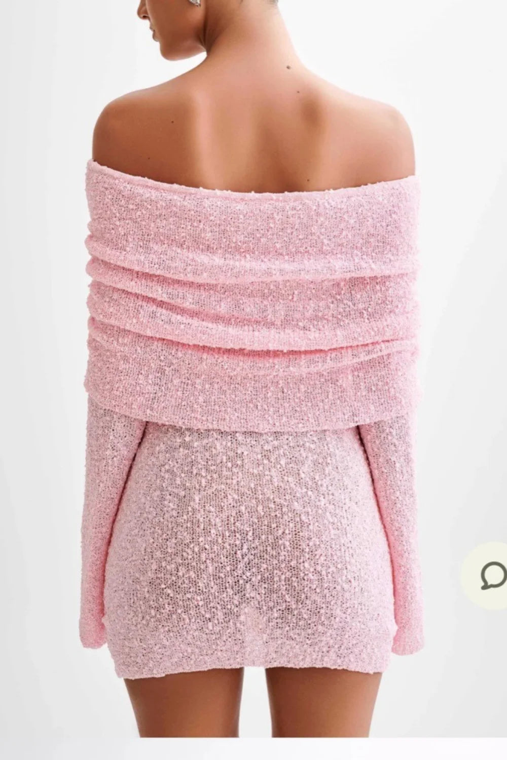 Bardot neckline dress," "shimmer knit outfit," "bachelorette party dress," "glamorous birthday dress," and "evening event wear