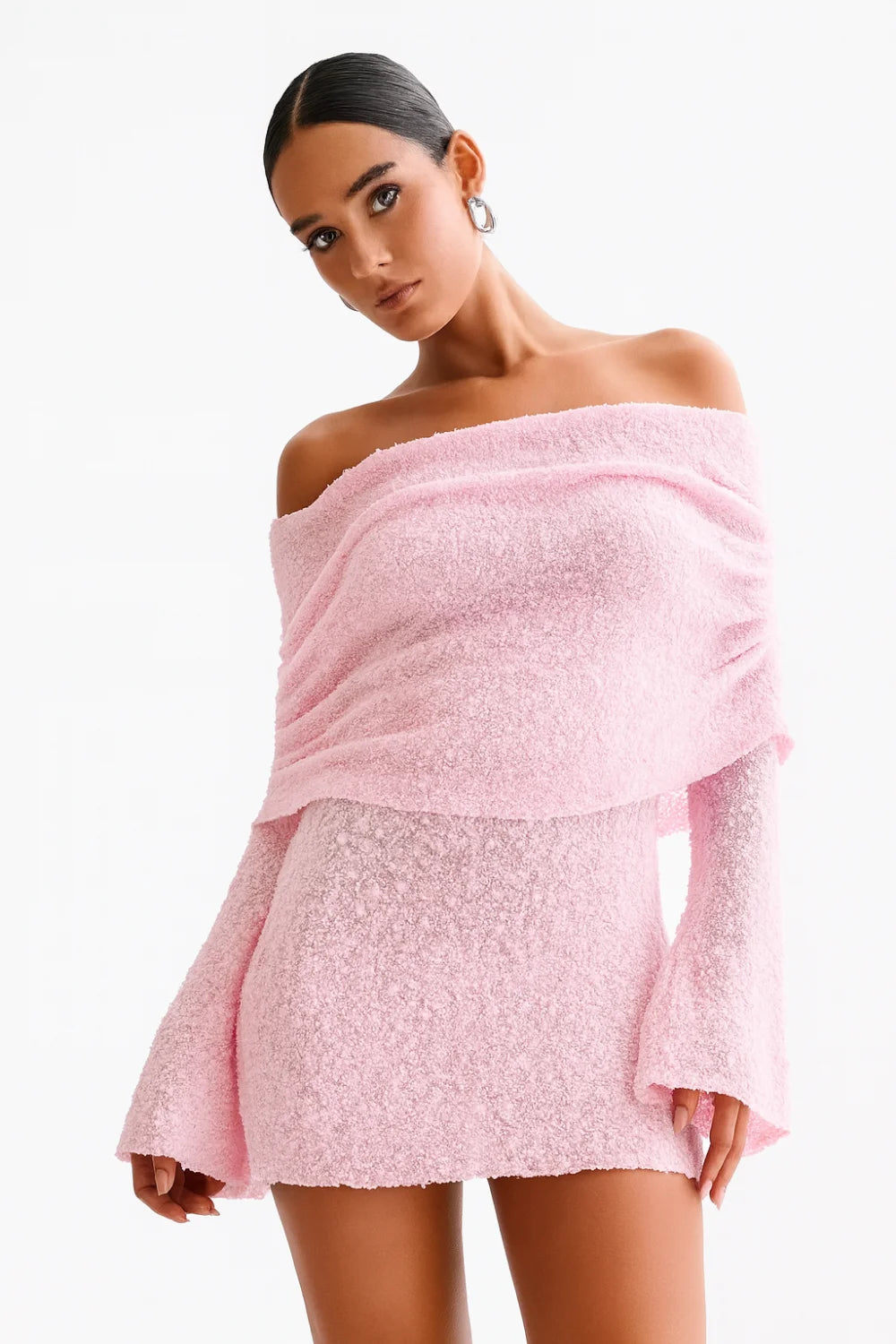 Bardot neckline dress," "shimmer knit outfit," "bachelorette party dress," "glamorous birthday dress," and "evening event wear
