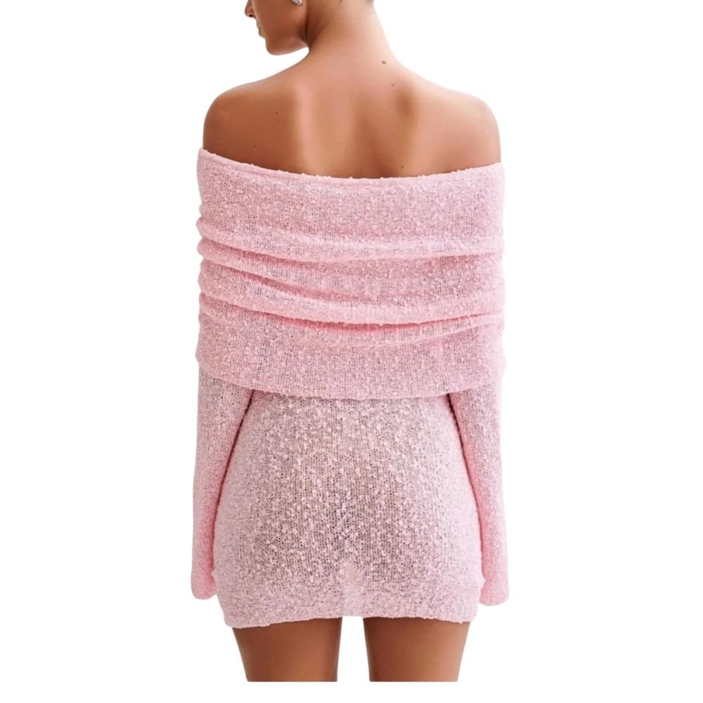 Pink kouvr off-shoulder dress on a white background