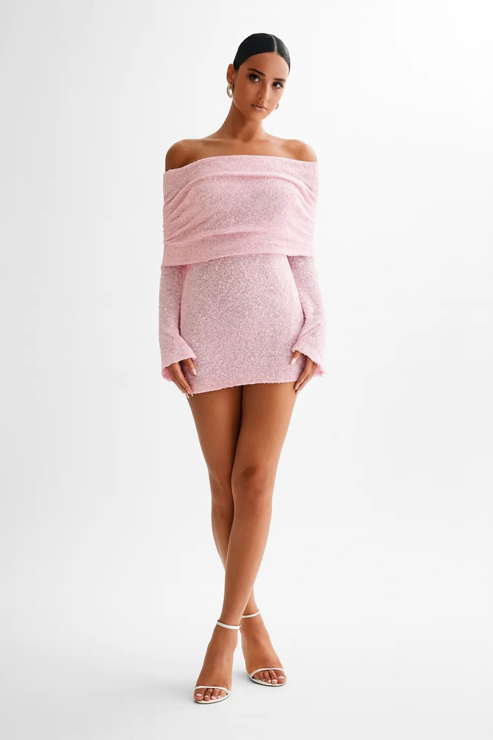 Bardot neckline dress," "shimmer knit outfit," "bachelorette party dress," "glamorous birthday dress," and "evening event wear