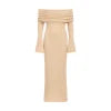 Model wearing the Kouvr Selah off-shoulder knit maxi dress in beige sand