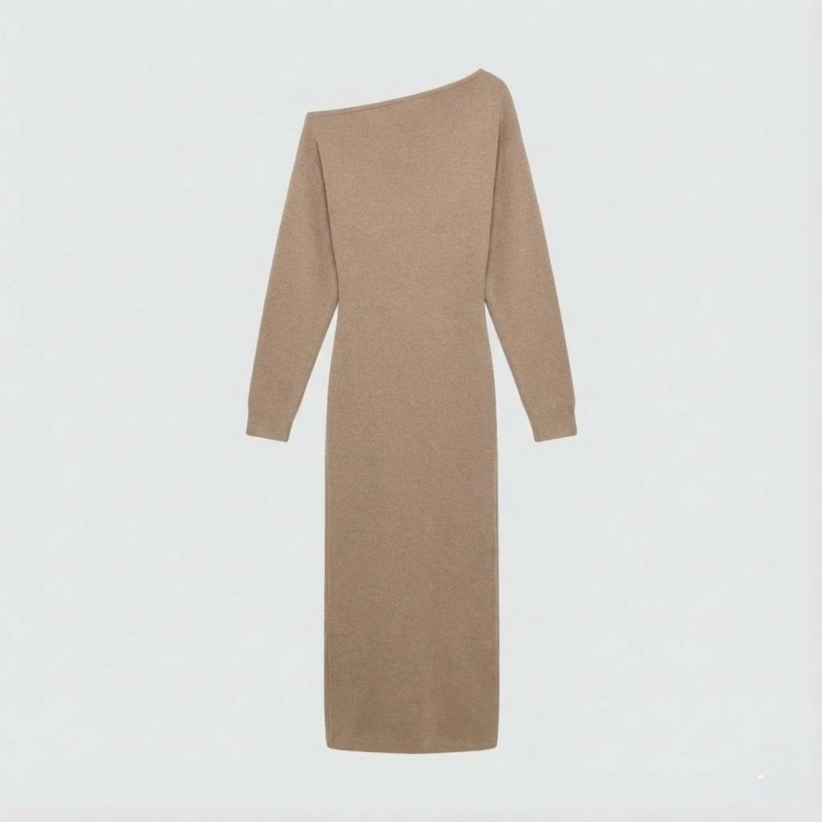 Flatlay product shot of the Kouvr Fashion Selena one-shoulder long sleeve knit dress in camel, back.