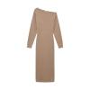 Flatlay product shot of the Kouvr Fashion Selena one-shoulder long sleeve knit dress in camel, front.