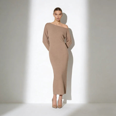 Camel One Shoulder Knit Midi Dress - Asymmetrical Long Sleeve Sweater Dress & for Formal Cocktail Party | Elegant Bodycon Fit Wool Blend by Kouvr Fashion Camel One Shoulder Knit Midi Dress - Asymmetrical Long Sleeve Sweater Dress & for Formal Cocktail Party | Elegant Bodycon Fit Wool Blend by Kouvr Fashion