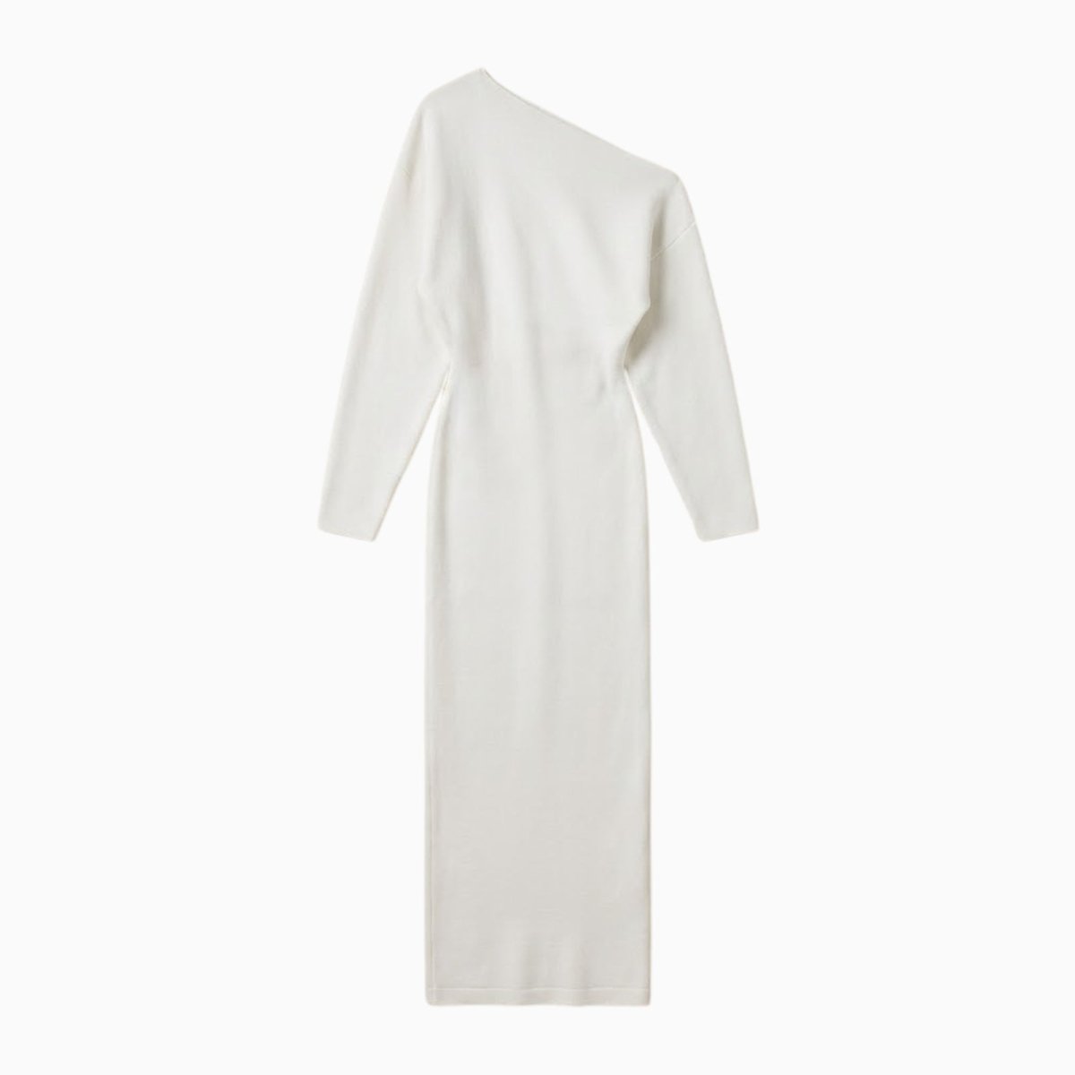 Flat lay product shot of the Kouvr Fashion Selena one-shoulder white knit dress, front view.