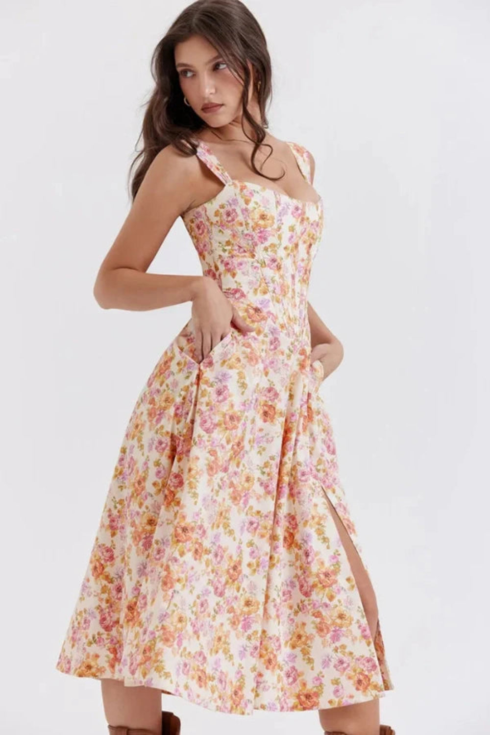 structured bodice, A-line skirt, wedding guest attire, garden party aesthetic, feminine silhouette, square neckline dress, dress with pockets, romantic floral print, cottagecore fashion
