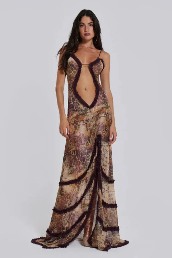 Naturally weave in semantic terms like "serpentine print," "keyhole gown," "sheer evening dress," "Y2K aesthetic," "ruffle trim," and "high slit dress