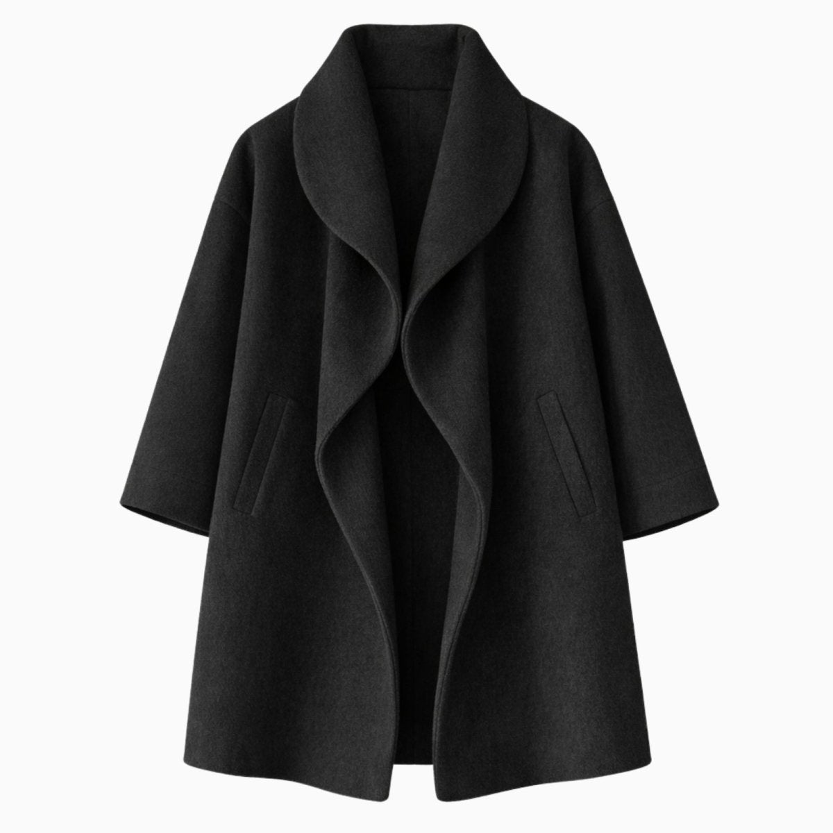 Flat lay product photo of the Kouvr Fashion open-front black shawl collar coat, showing the texture and draping of the collar.