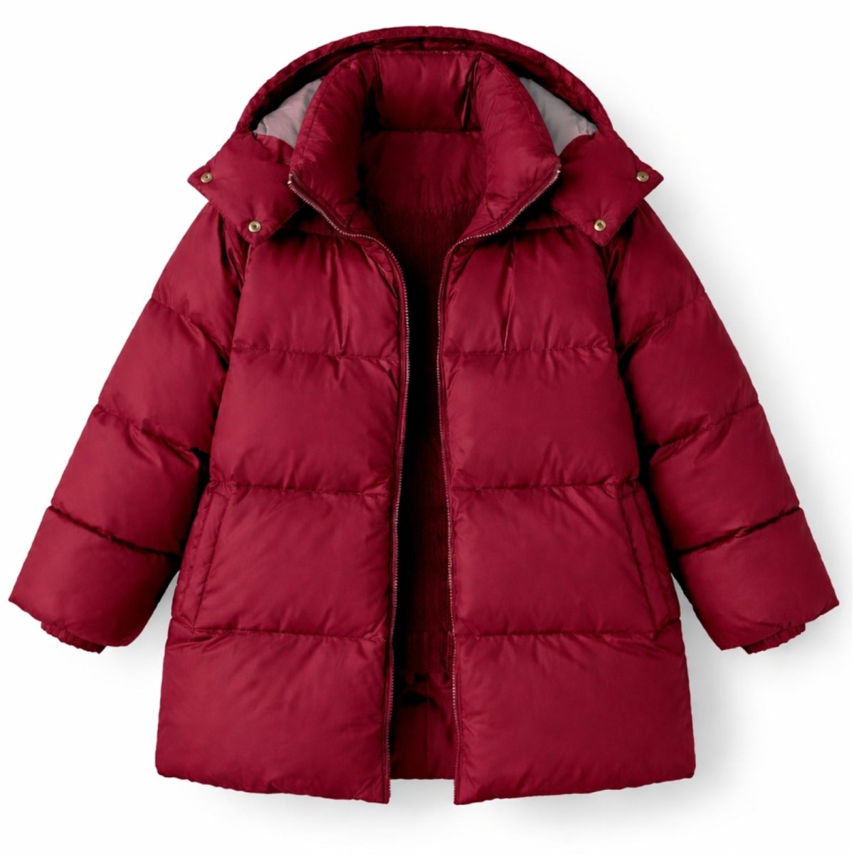 Flat lay photo of the burgundy Sheena puffer jacket, open to show the interior lining and full-zip front.