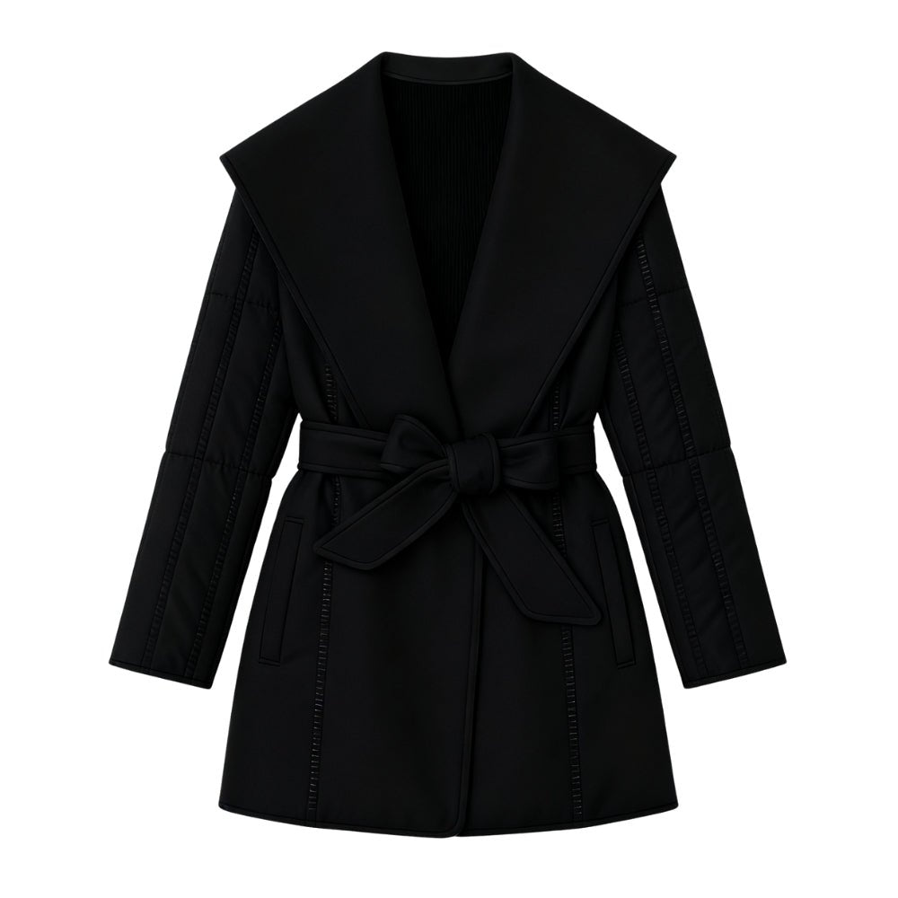 Italian wool, quilted sleeves, designer outerwear, midi-length coat, investment piece, timeless jacket.
