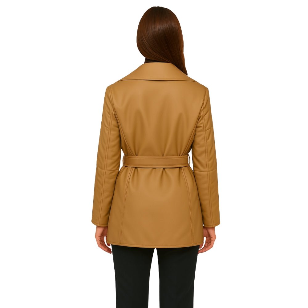 Woman wearing the Kouvr Fashion Sheila Wrap Coat in camel tan, tied at the waist, shown from the back
