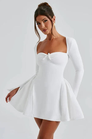 Shelby Bow Mini Dress White | Long Sleeve Square Neck Skater Dress for  Women | Chic Fit & Flare Cocktail Party & Bridal Shower Dress
