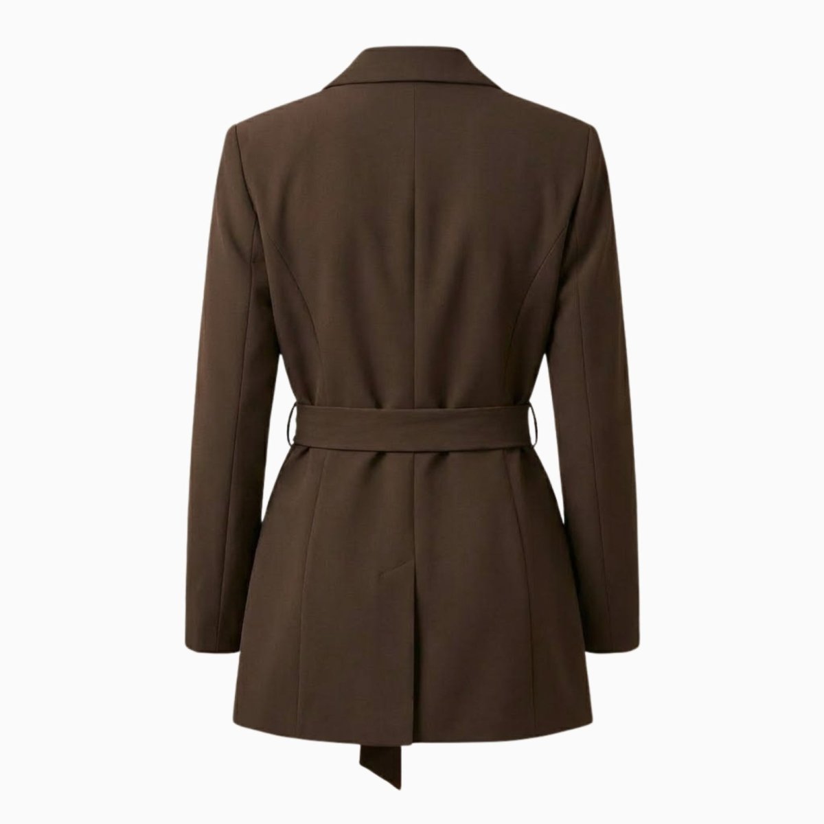 Back view flat lay of the Kouvr Fashion tailored brown blazer showing the clean lines and construction.
