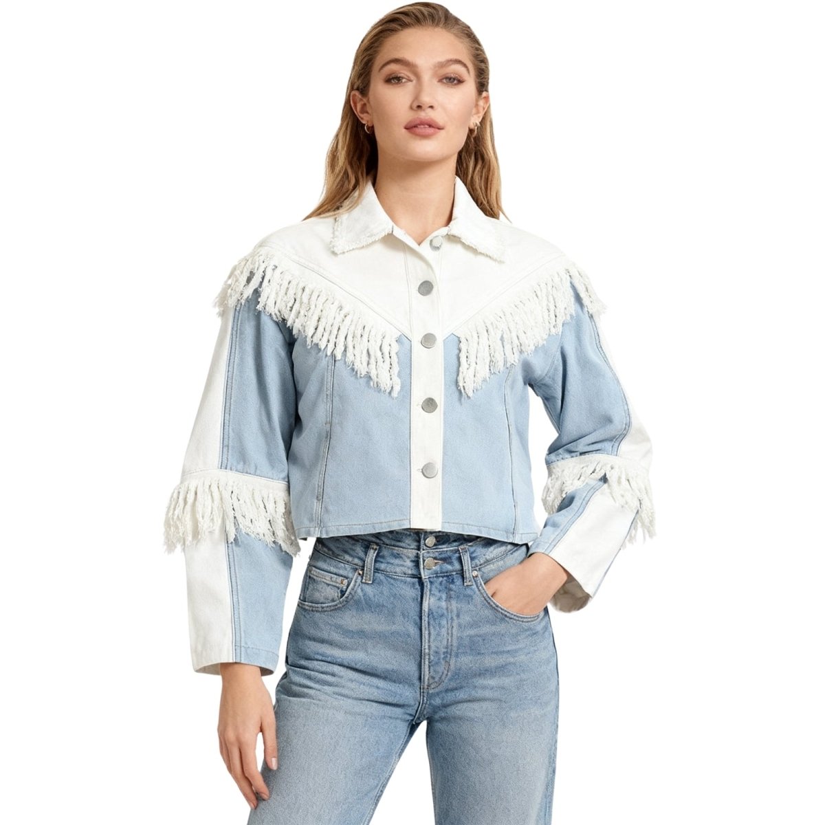 Model wearing the Kouvr Simone two-tone blue and white fringe denim jacket, front view.
