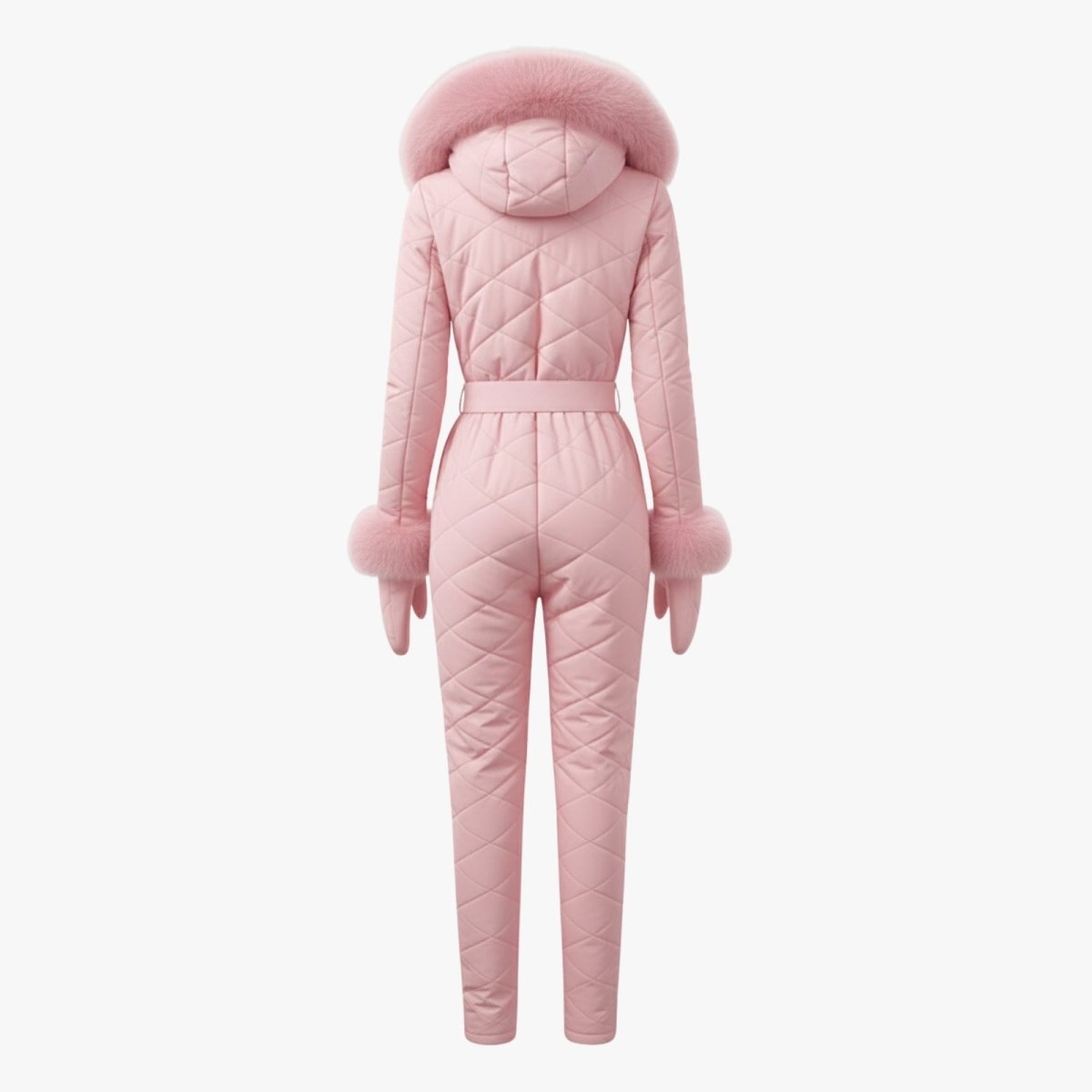 Product flatlay showing the back of the Kouvr Fashion pink insulated snow jumpsuit, detailing the diamond quilting and hood.