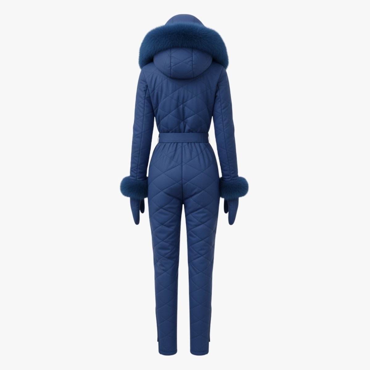 Back product shot of the Kouvr Fashion blue quilted one-piece ski suit, showing the rear design and belted waist.