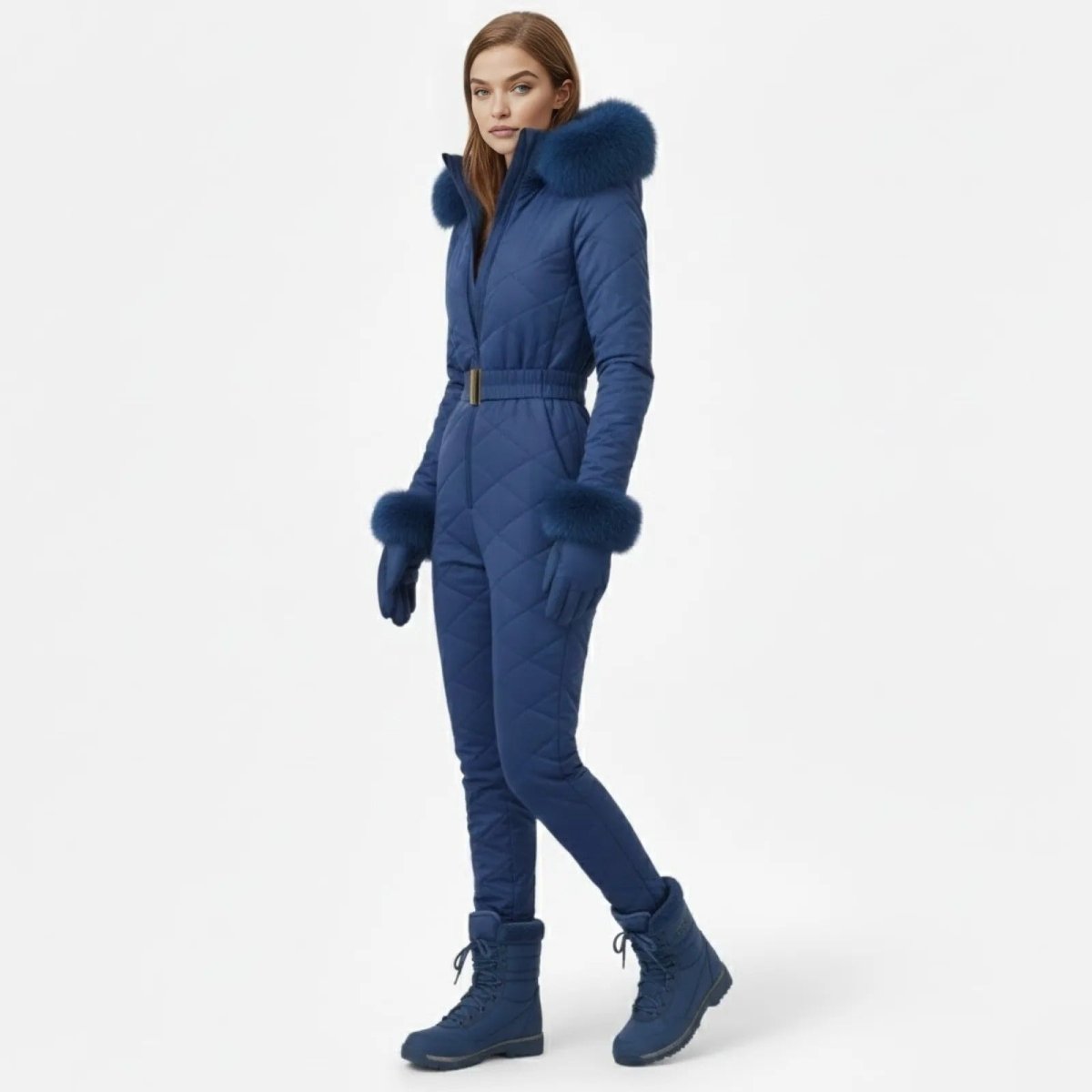 Model in a three-quarter pose wearing the blue Kouvr Fashion Skyla ski suit, showcasing its slim fit and belted waist.
