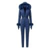 Front product shot of the Kouvr Fashion blue quilted ski suit with faux fur trim, belt, and gloves laid flat on a white background.