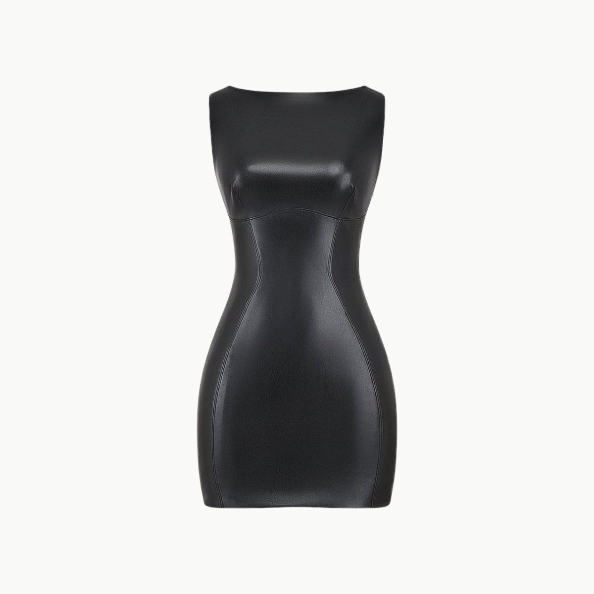 Front view of the Kouvr Fashion black faux leather dress on a white background, detailing the princess seams and texture.
