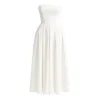 Kouvr Fashion white strapless midi dress with pleated A-line skirt shown on model