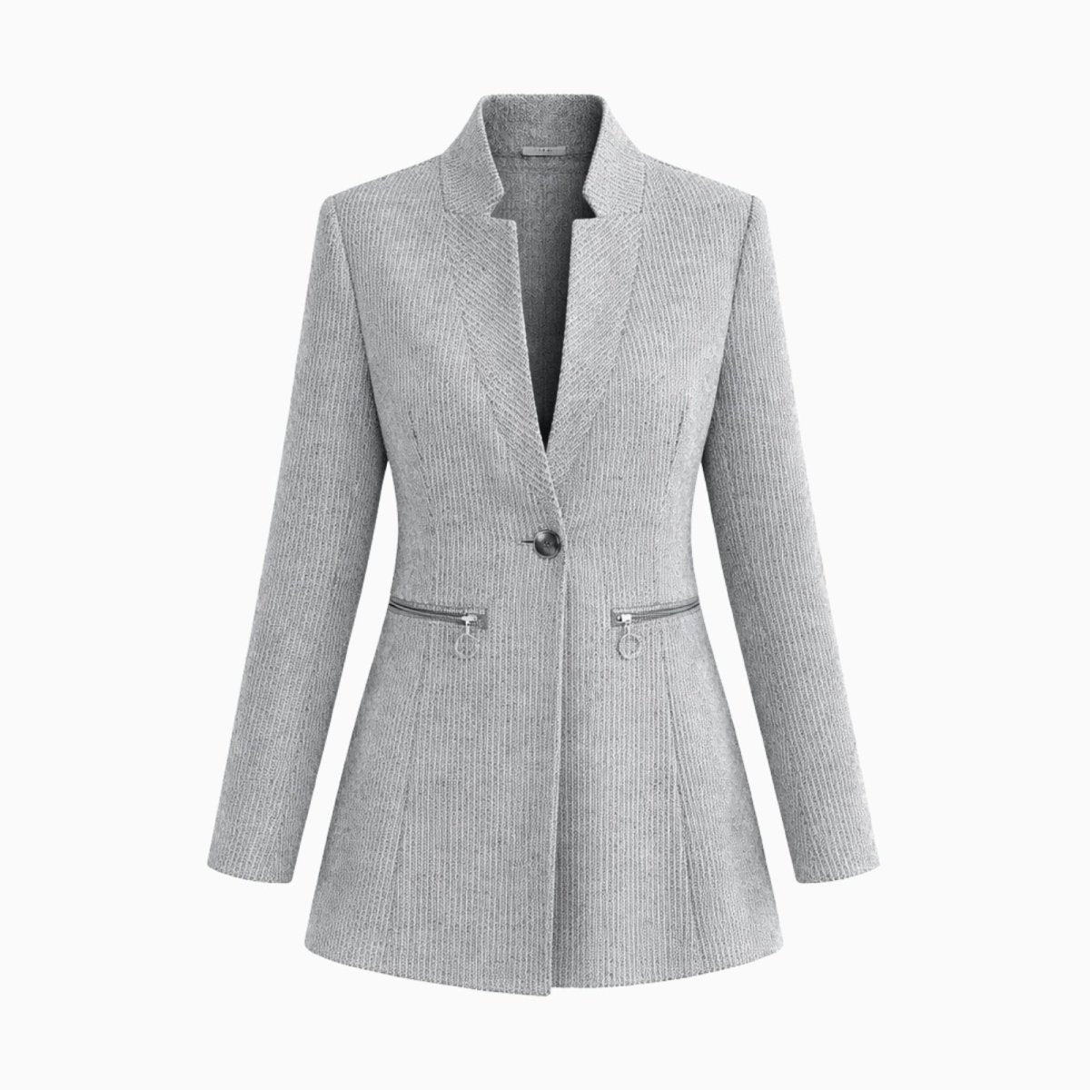 Flat lay of the light gray herringbone women's blazer showing the single-button closure, stand collar, and zippered pocket details.