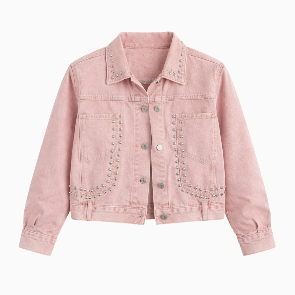 Flat lay product shot of the front of the Kouvr Fashion pink studded denim jacket on a white background.