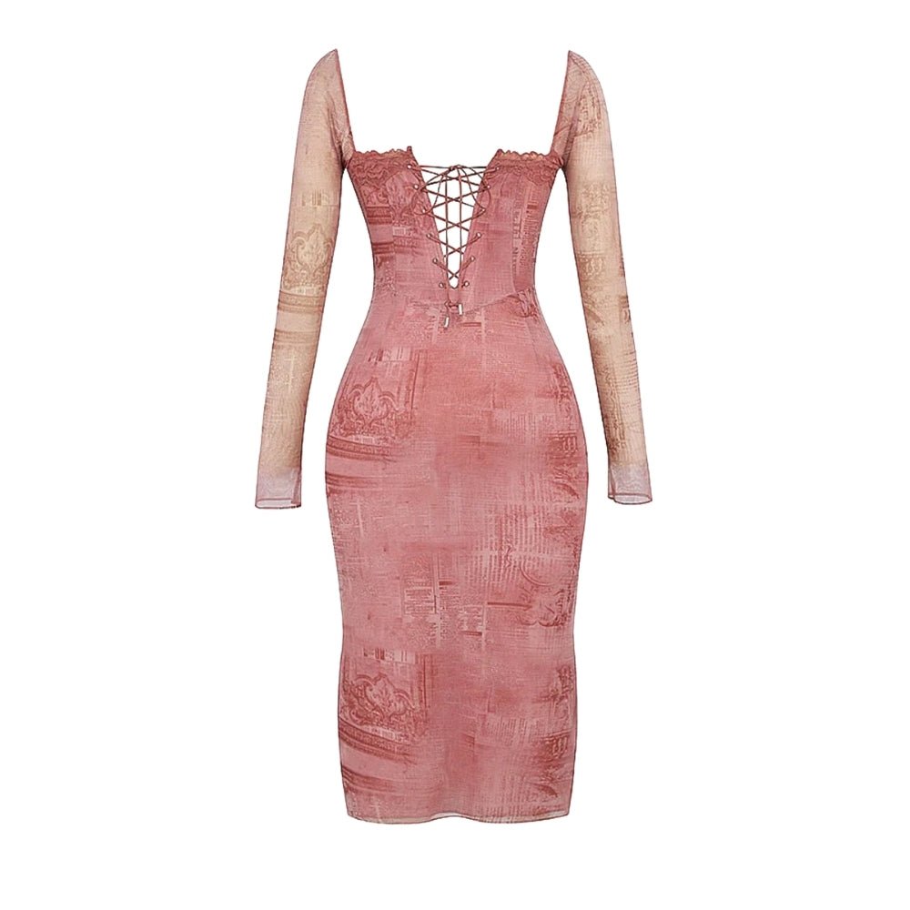 Pink Kouvr dress with sheer long sleeves on a white background